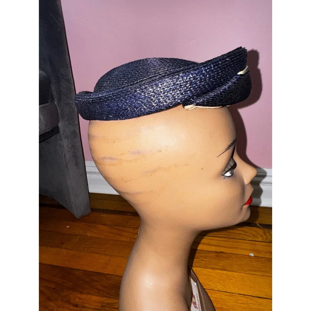 Vintage Bloomingdales Navy Blue Metallic Woven Straw Pillbox Hat with Bow Accent